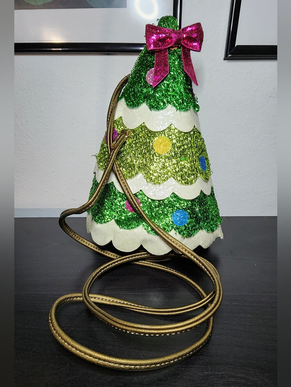 Betsey Johnson Green Sequined Christmas Tree Crossbody Bag with Pink Bow